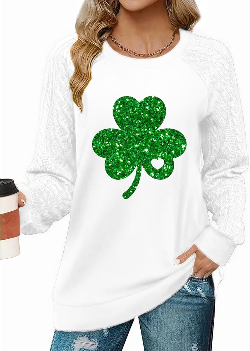 St Patrick's Day Sweatshirts for Women Crewneck Cable Knit Sleeve Glitter Shamrock Paddy's Day Sweaters Lightweight-image-41