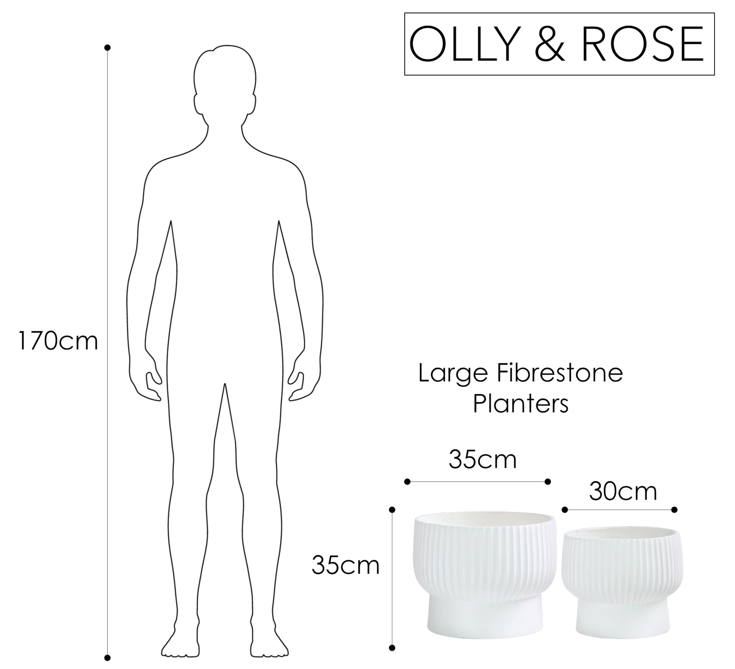 Olly & Rose XL Fibrestone Podwyższona miska zestaw 2 35 cm + 30 cm - bardzo duża doniczka na rośliny - duże doniczki ogrodowe w kolorze białym - duże doniczki na rośliny do użytku na zewnątrz i
