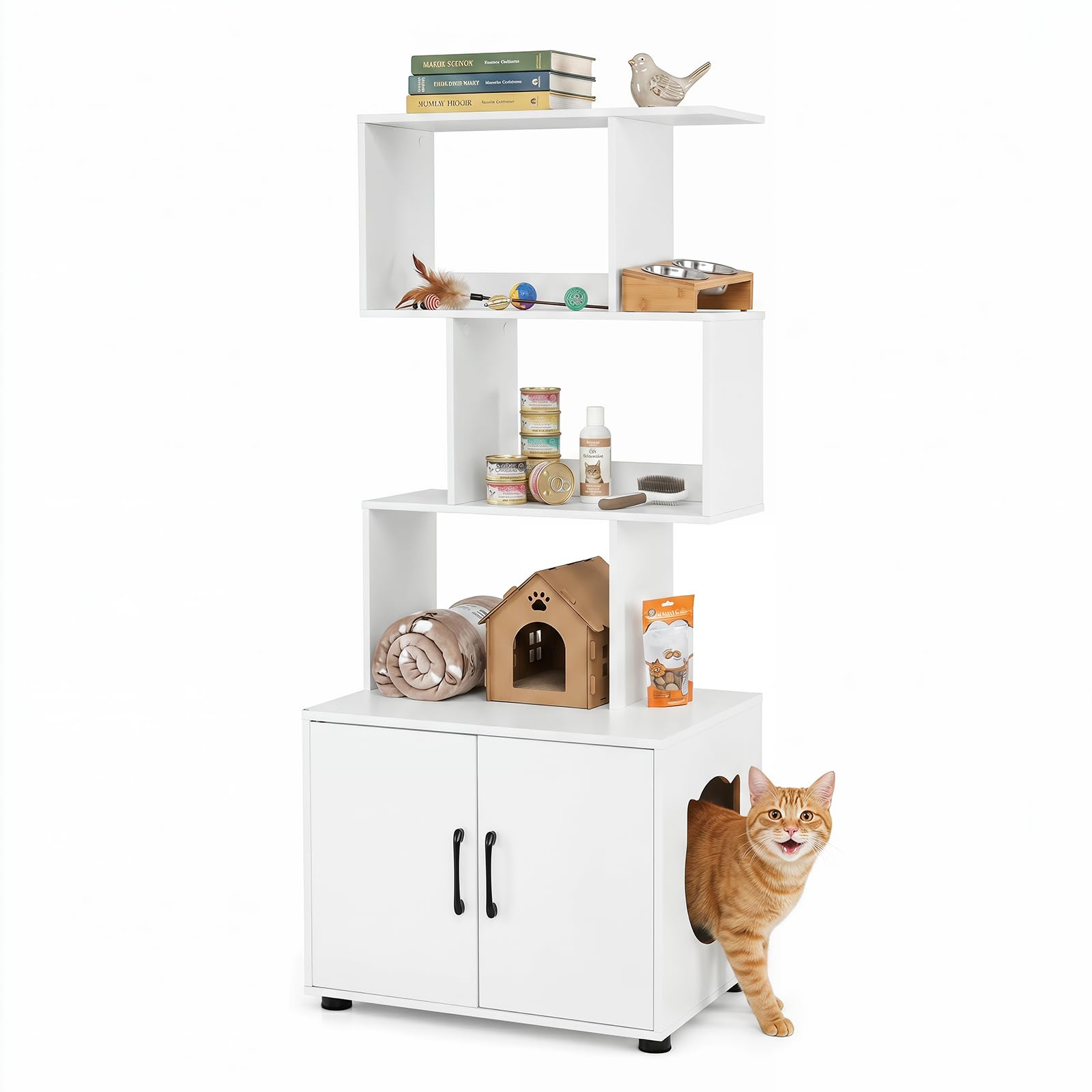 COSTWAY Cat Litter Box Enclosure with 3 Shelves (White, 60x45x141cm) — image 1