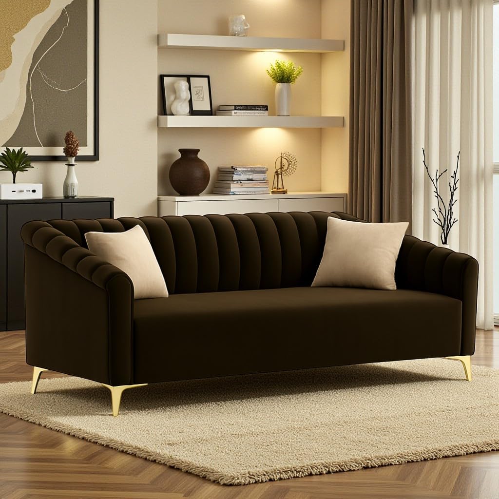 Habitatio 3 Seater Sofa Set | Soft Velvet Suede Fabric | Modern Design | Plush Comfort Cushions for Living Room (Dark Brown)-image-36