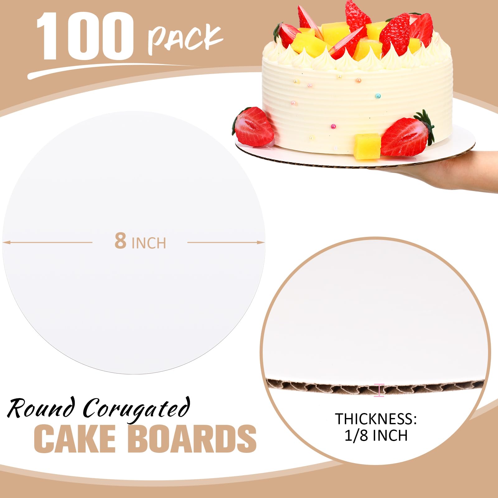 Potchen 100 tablas redondas de cartón para pizza, de 8 pulgadas, a prueba de grasa, desechables, para decoración de alimentos, suministros de fiesta (blanco)