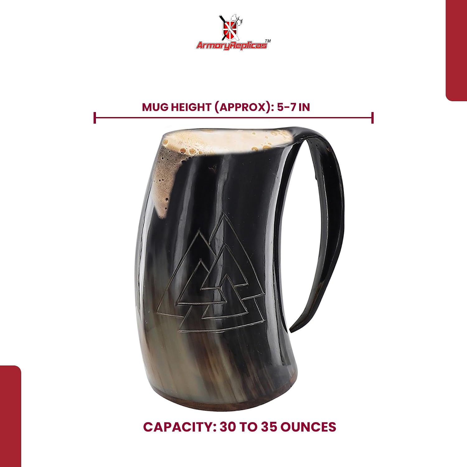 Armory Replicas™ Valknut Engraved Buffalo Horn Mug with Wooden Base – 30-35 oz Natural Drinking Horn