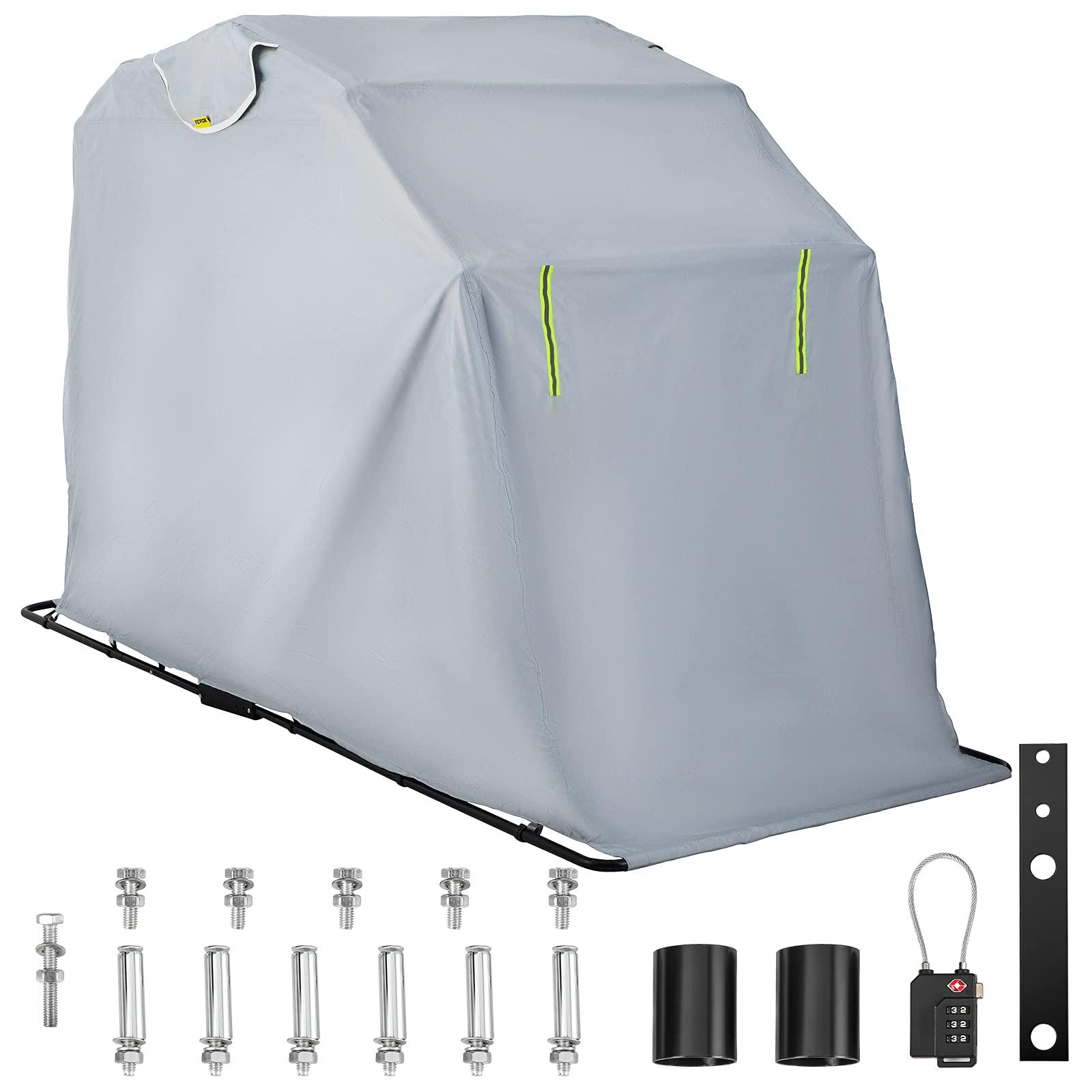 Photo 1 of VEVOR Motorcycle Shelter, Waterproof Motorcycle Cover, Heavy Duty Motorcycle Shelter Shed, 420D Oxford Motorbike Shed Anti-UV, 106.3"x41.3"x62.9" Silver Shelter Storage Tent with Lock & Weight Bag