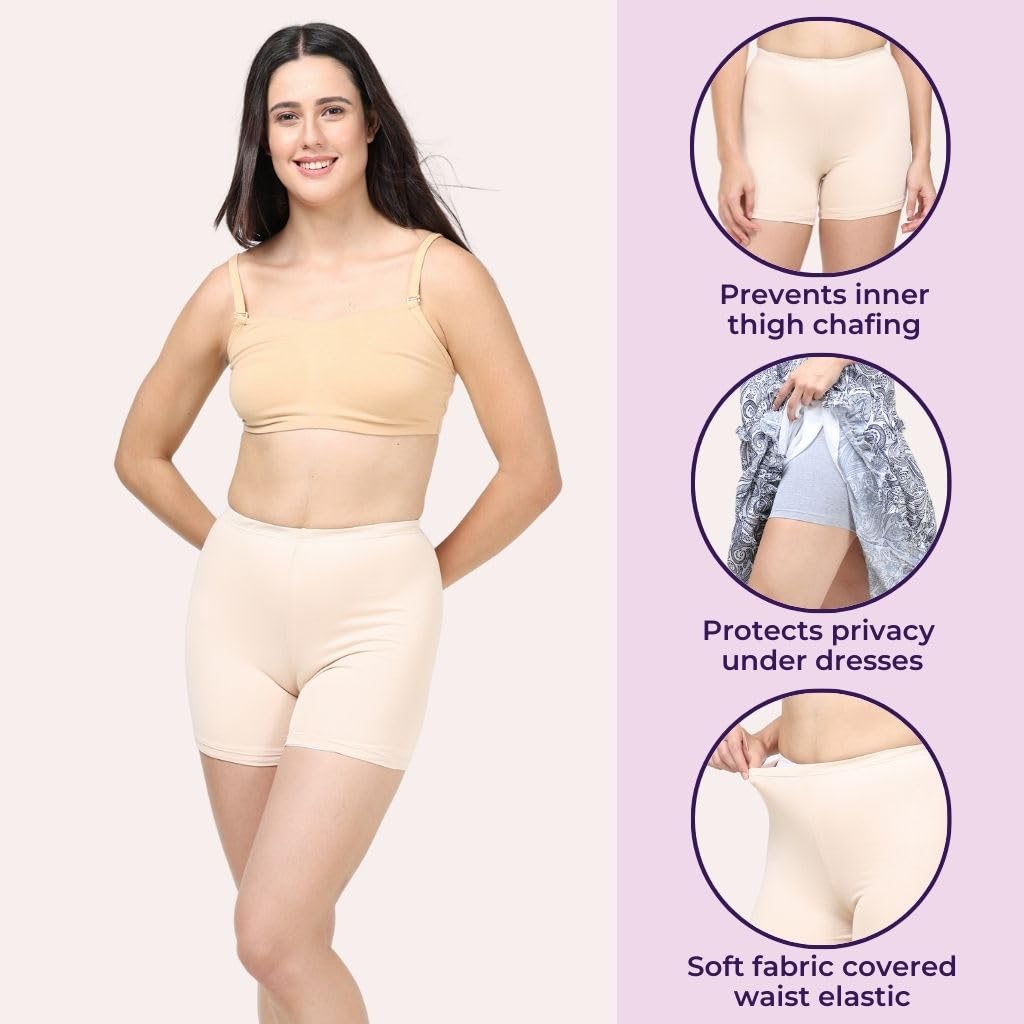 ADIRA | Inner Shorts for Women Dresses | Women Tights Shorts | Soft & Comfy, Knitted Stretchy Fabric | Prevents Inner Thigh Chafing | Perfect Length to Wear Under Dress | Pack of 1 | Skin | M 1