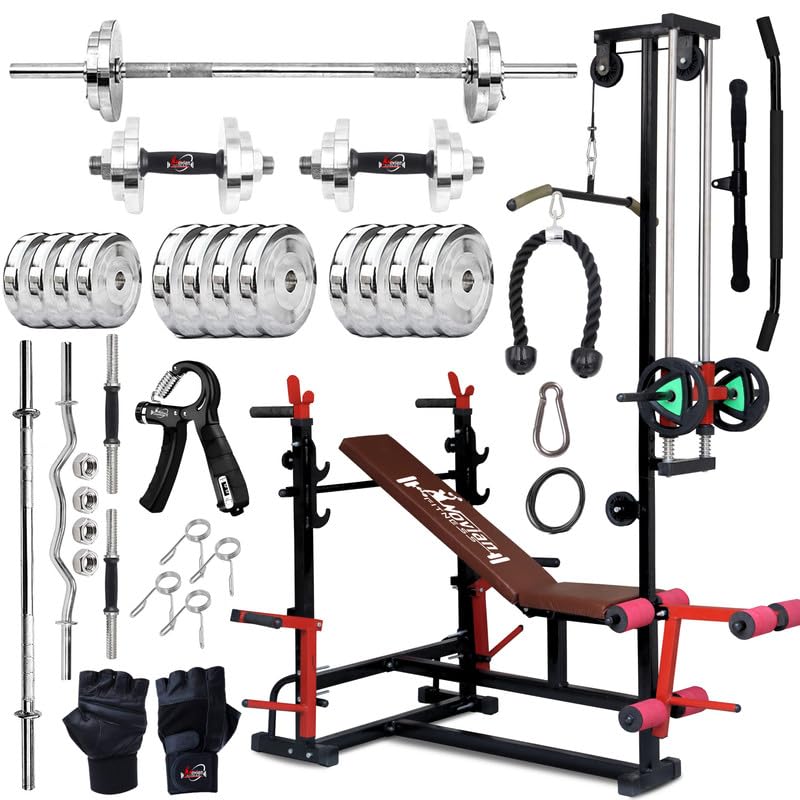 TITAN-X 20-in-1 Adjustable Home Gym Bench Set with 60KG Steel Weight Plates, 5FT Straight Barbell Rod, 3FT Curl Rod, 14-Inch Dumbbell Rods, Gripper, Gloves, Skipping Rope & Accessories-image-43