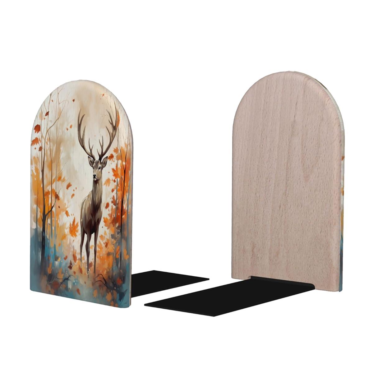 (2 PCS/1 Pairs) Wood Bookends Autumn Deer Watercolor Decorative Wood Bookends for Student School Shelves Kids Room Desk Home Office Book Stoppers for Holiding Books 5x3 Inch