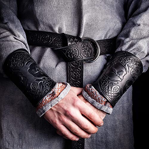 Full Grain Leather Cuffs Bracers For Viking Costume Men, Women - Medieval Larp Gauntlet - Renaissance Accessories Yggdrasil World Tree Archer Sword Arm Guard Cosplay Armor Guards Gauntlets 5" 130Duh #TOP1