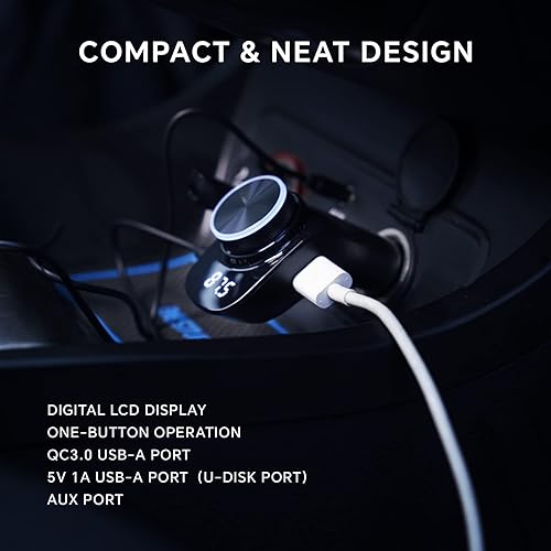 Miniatura 2 de NECESPOW QC3.0 - Transmisor FM Bluetooth 5.0, cargador USB con cable AUX, adaptador de radio manos libres compatible con disco AUX y U, llamada
