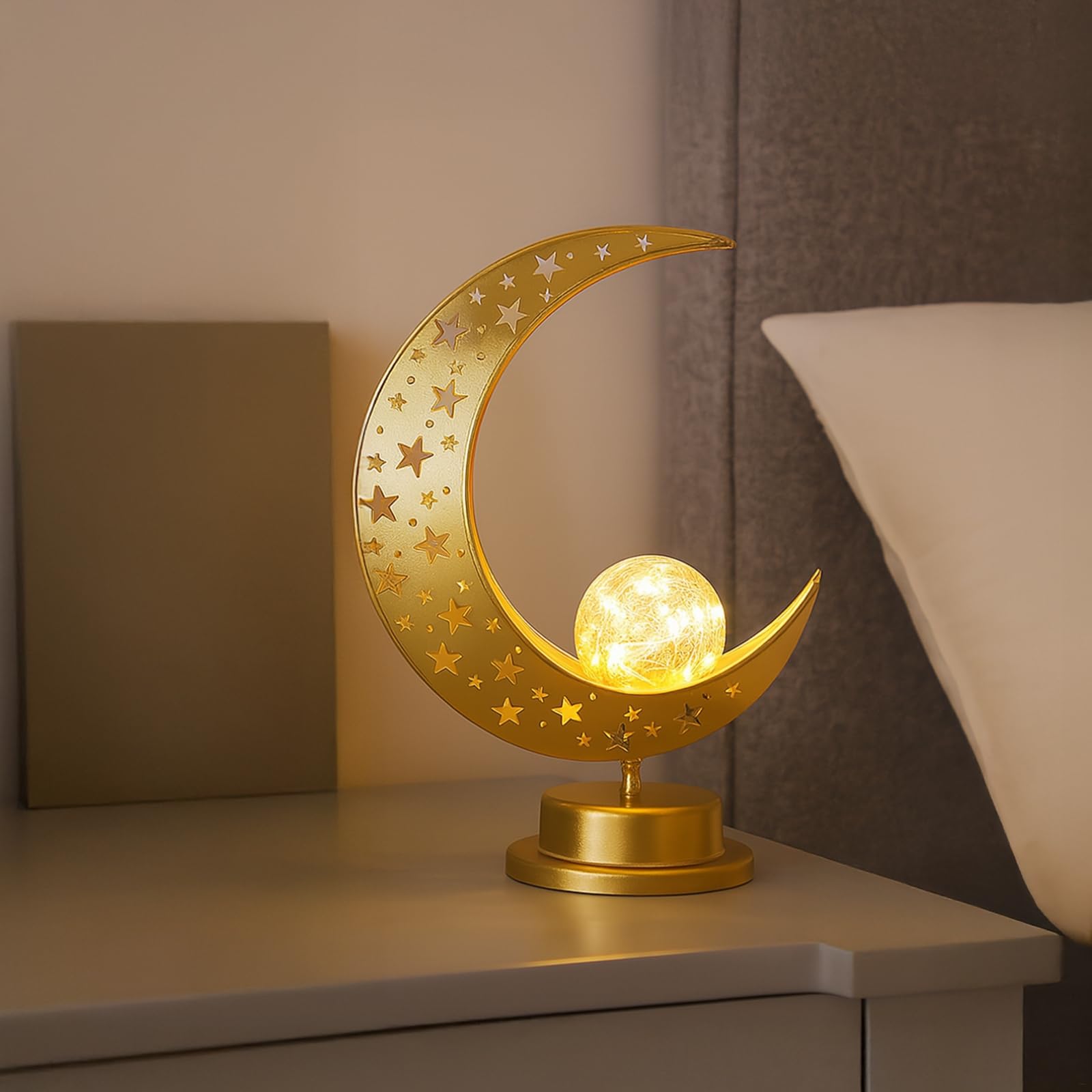 Ramadan LED Light Moon Castle Lantern, metalowa mini dekoracyjna z rzeźbami w kształcie księżyca, zasilanie bateryjne, dekoracyjne światła do wewnątrz i na zewnątrz, ekspozycja na blat, złote