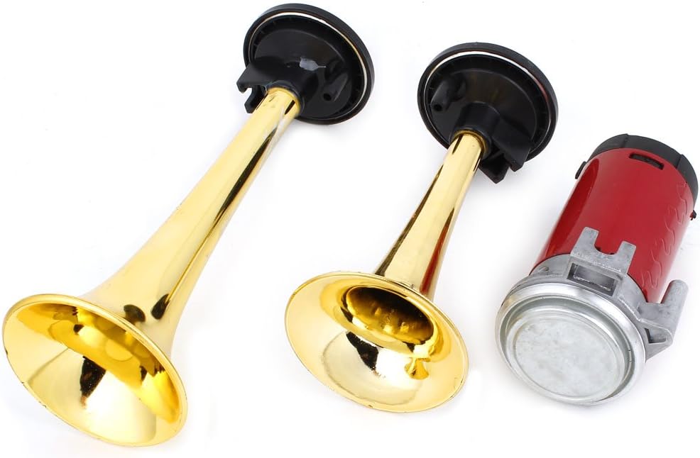 2 in 1 Car Air Horn Set w Compressor Dual Horns Trumpet 12V Gold Tone (id: d1c ff4 05c 4be 431