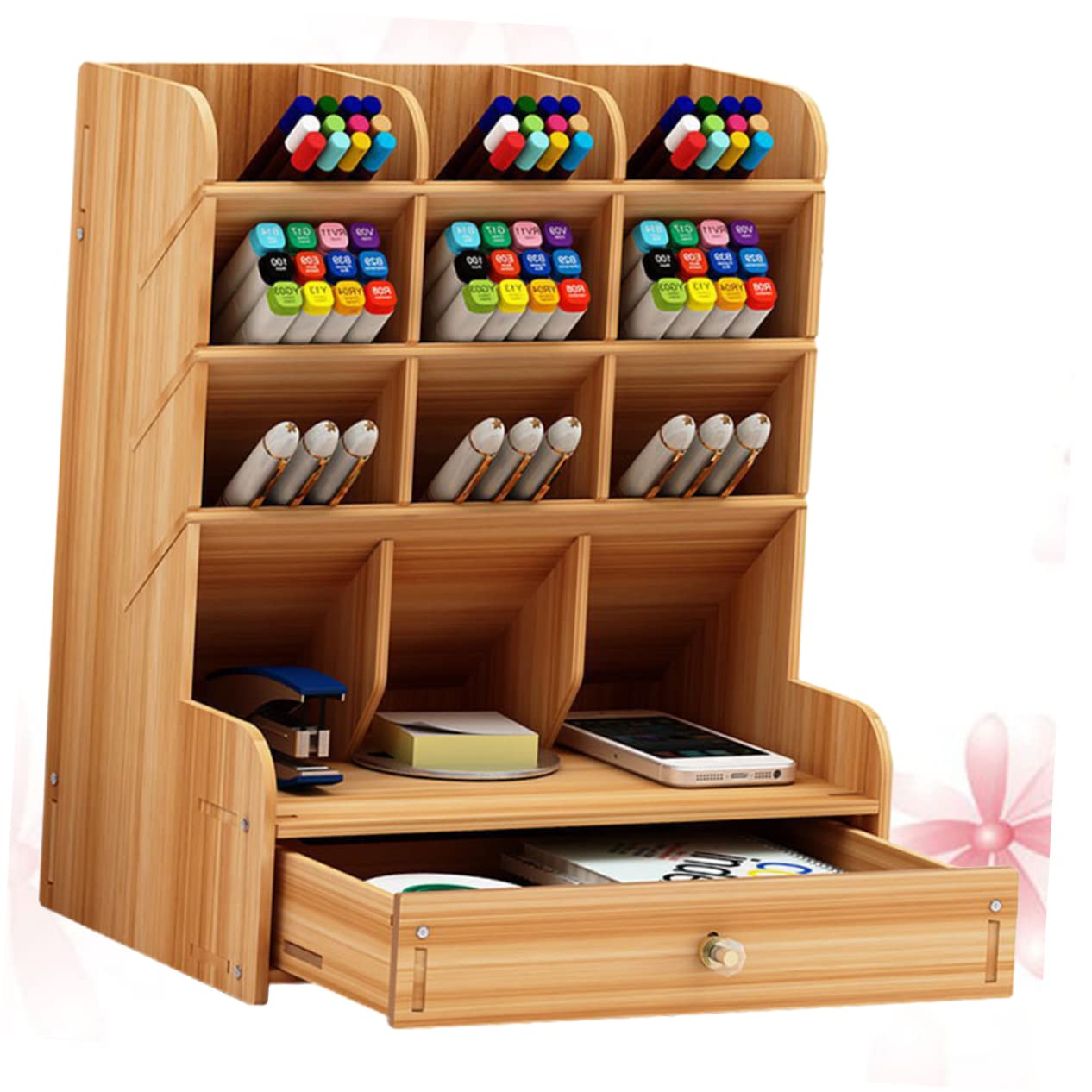 Boîte de rangement bois stylos et organisateur multi compartiments bureau