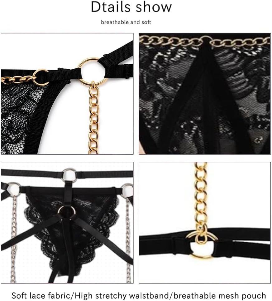 Men's Lace Underwear Sexy thong Sheer Pouch Garter Panties Open in front Crossdressing Sexy Lingerie Sissy Underpants