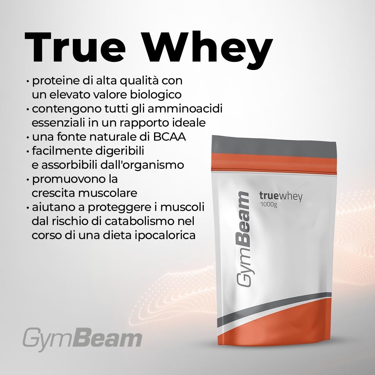 GymBeam True Whey Protein w proszku – koncentrat białka serwatkowego (WPC), białko serwatkowe, delikatna filtracja, wysoka wartość biologiczna, niezbędne aminokwasy, BCAA (1000 g, wanilia)