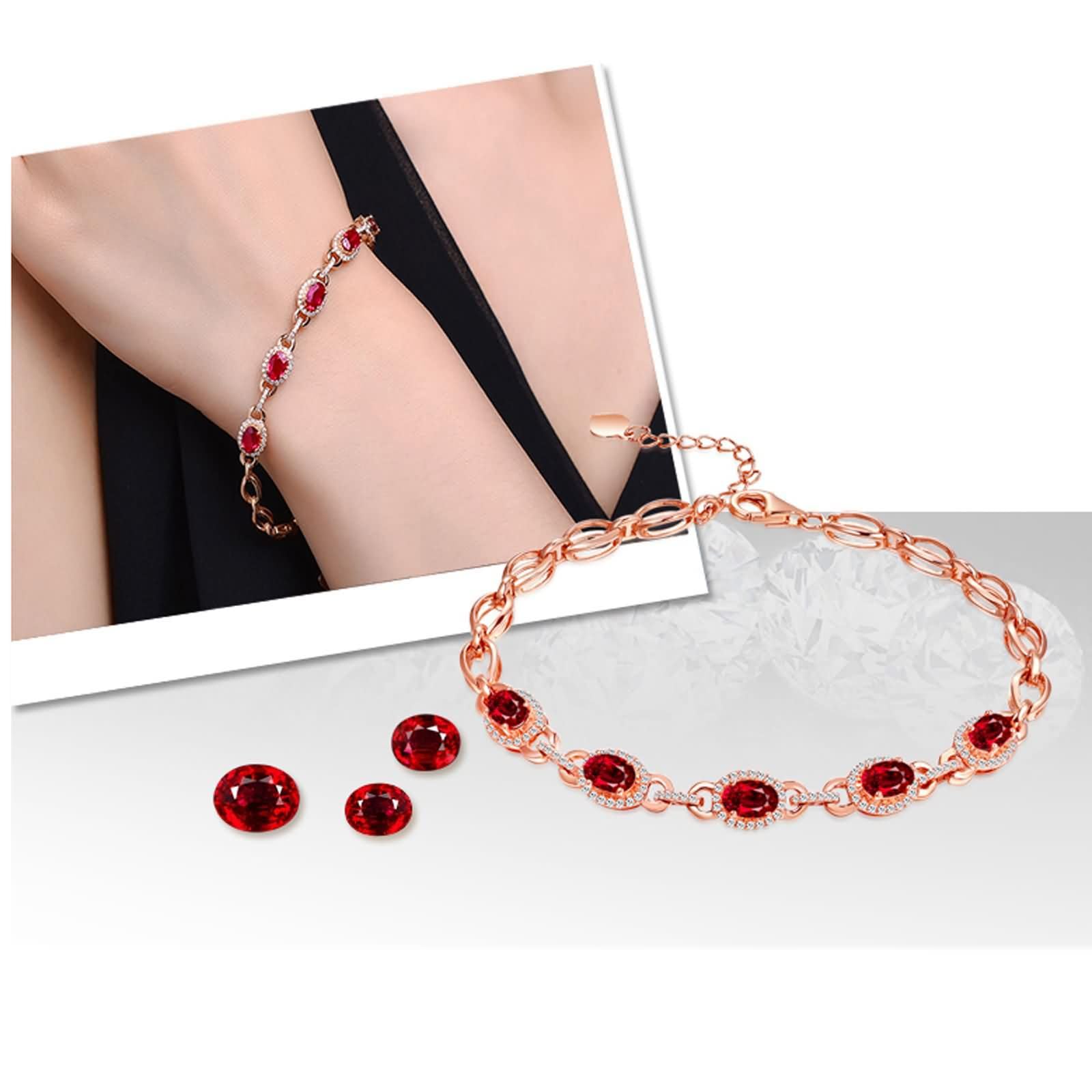 Pulseras Mujer Oro Rosa 9Kt / 14Kt / 18Kt, Oval con Rubí y Diamante, Cadena Extensible 16 CM + 5 CM, Pulseras Ajustable Mujer de Oro Rosa