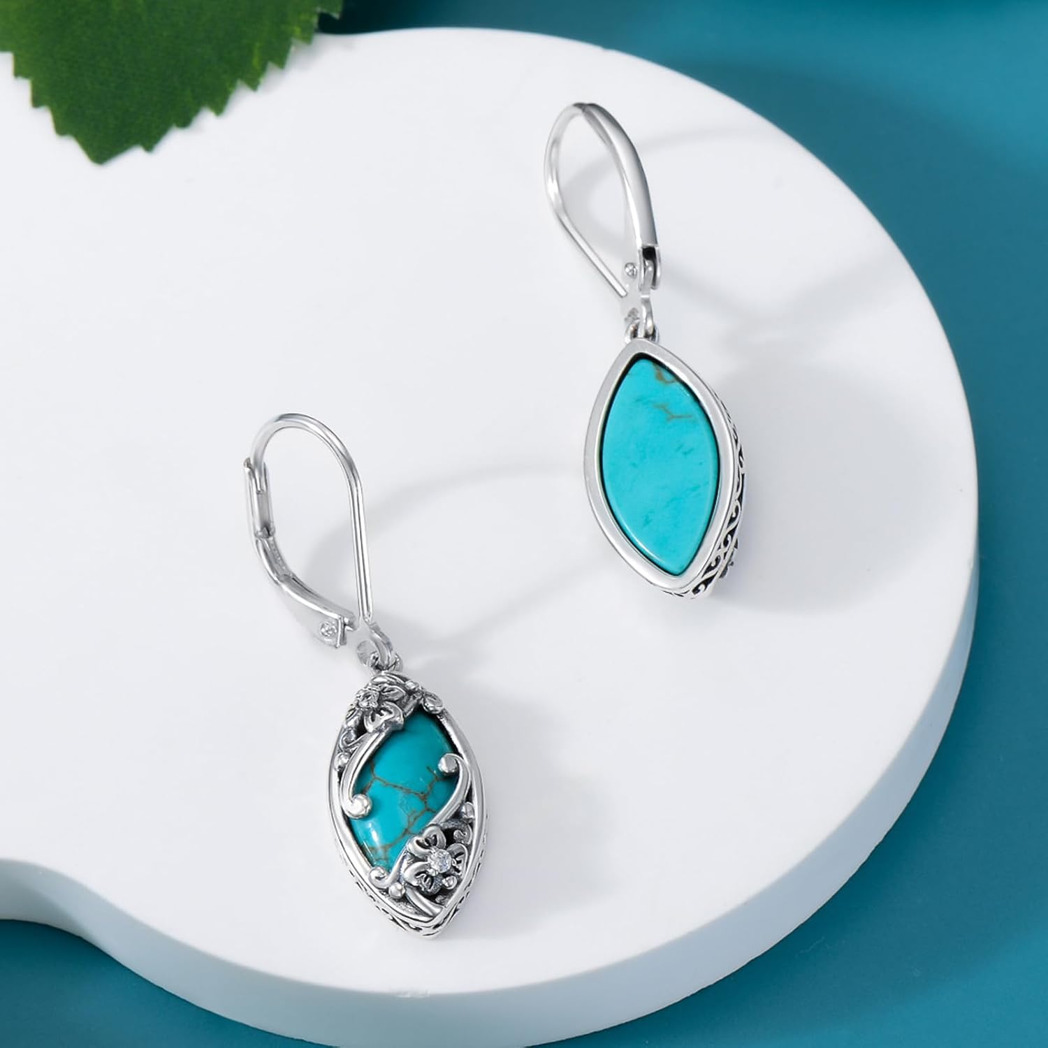Marquise Shaped Genuine Turquoise Earrings 925 Sterling Silver Green Turquoise with Leaf Leverback Dangle Earrings for Women Gifts - Image 5