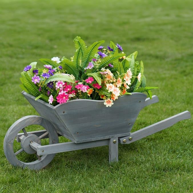 FAHAAM Decorative Garden Wooden Wheelbarrow Planter Garden Planter Ornamental Plant Pot Wooden Ornamental Large garden Ornament & Outdoor Flower Pot wooden Plant Stand. (W69 x H28 x D32cm)
