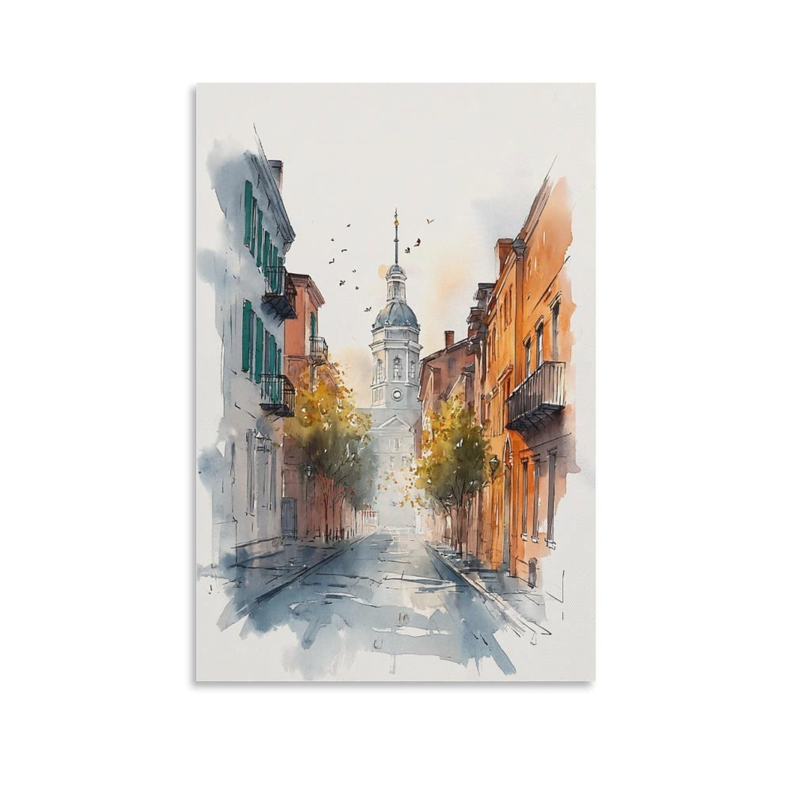 Lcynnh Unframe-Style New Orleans Watercolor Print_ Louisiana Travel Posters_ Cityscape Wall Art 20X30inch(50X75cm) Vintage Watercolor Canvas Art