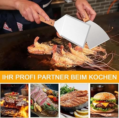 Mivanta Pfannenwender Edelstahl, 2-Stück Burger-Set, Grillspachtel Edelstahl mit Holzgriffen für Smash Burger, Teppanyaki, Barbecue, Steak und Pizza