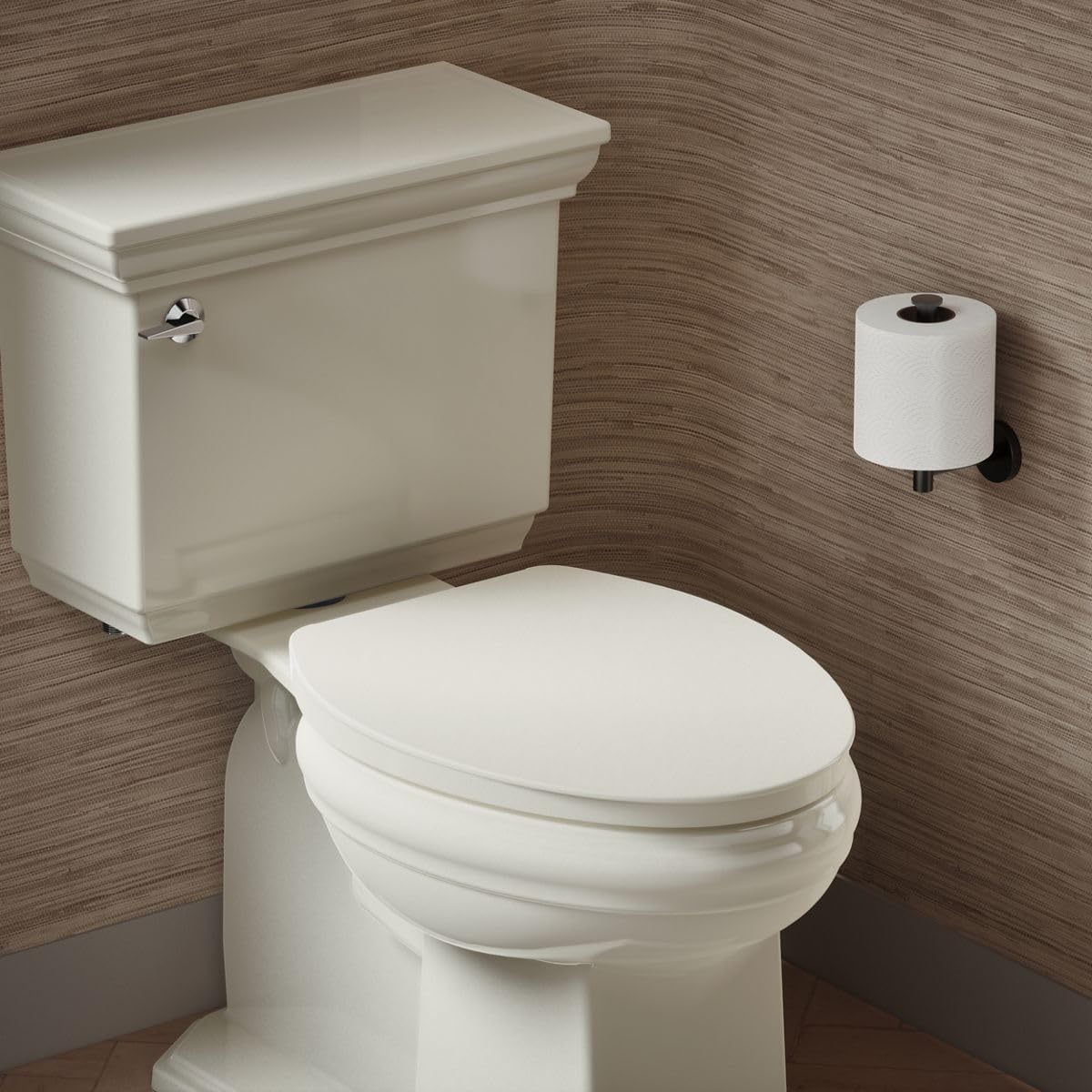 KOHLER K-26801-96 Impro ReadyLatch Quiet Close Elongated Toilet Seat, Grip-Tight Bumpers, New Home Essentials, Slam Prevention, Biscuit