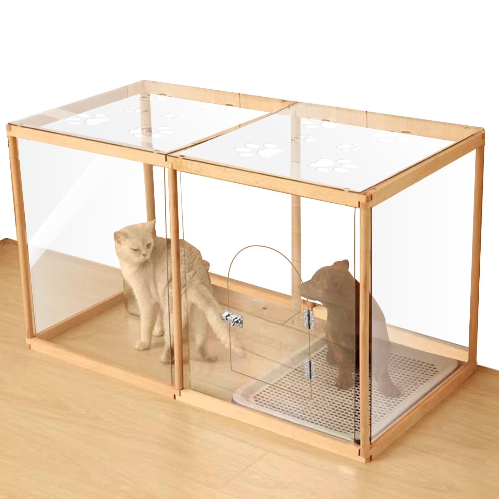Dog Cat Playpen, Clear Pet Fence Barrier with Top Covers & Acrylic Panels & Wooden Frame, Customizable Shape Crate Cage Kennel for Indoor Puppy Kitten