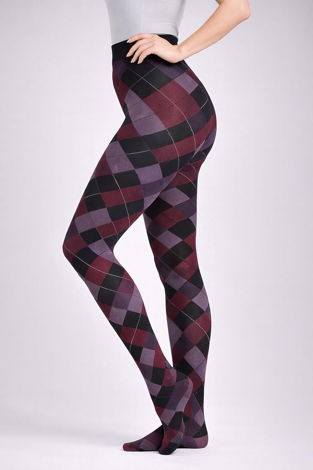 London Argyle Patterned Ladies Tights - Medium - Black, Wine, Plum - Image 3