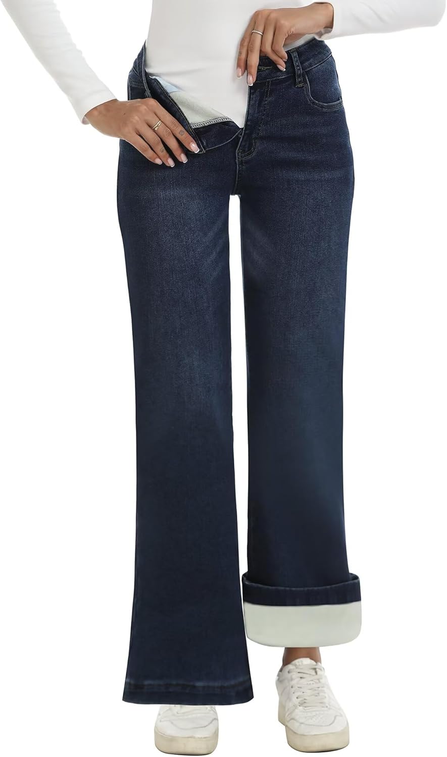 Fleece Lined Jeans Women High Waisted Stretchy Warm Winter Thermal Pants Thick Bell Bottom Wide Leg Jeans Woman