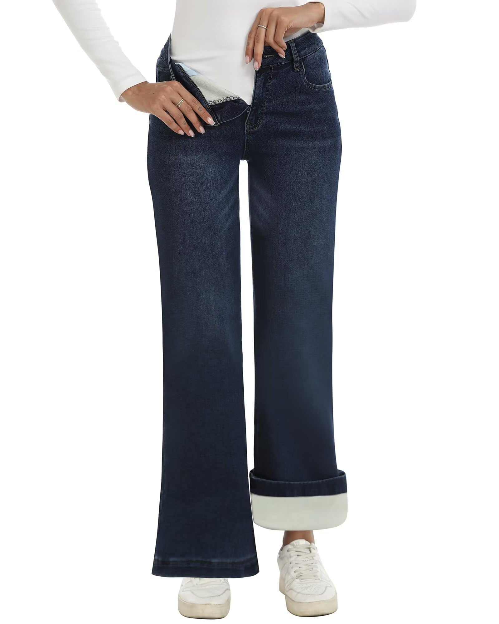 LOOKUB Fleece Lined Jeans Women High Waisted Stretchy Warm Winter Thermal Pants Thick Bell Bottom Wide Leg Jeans Woman