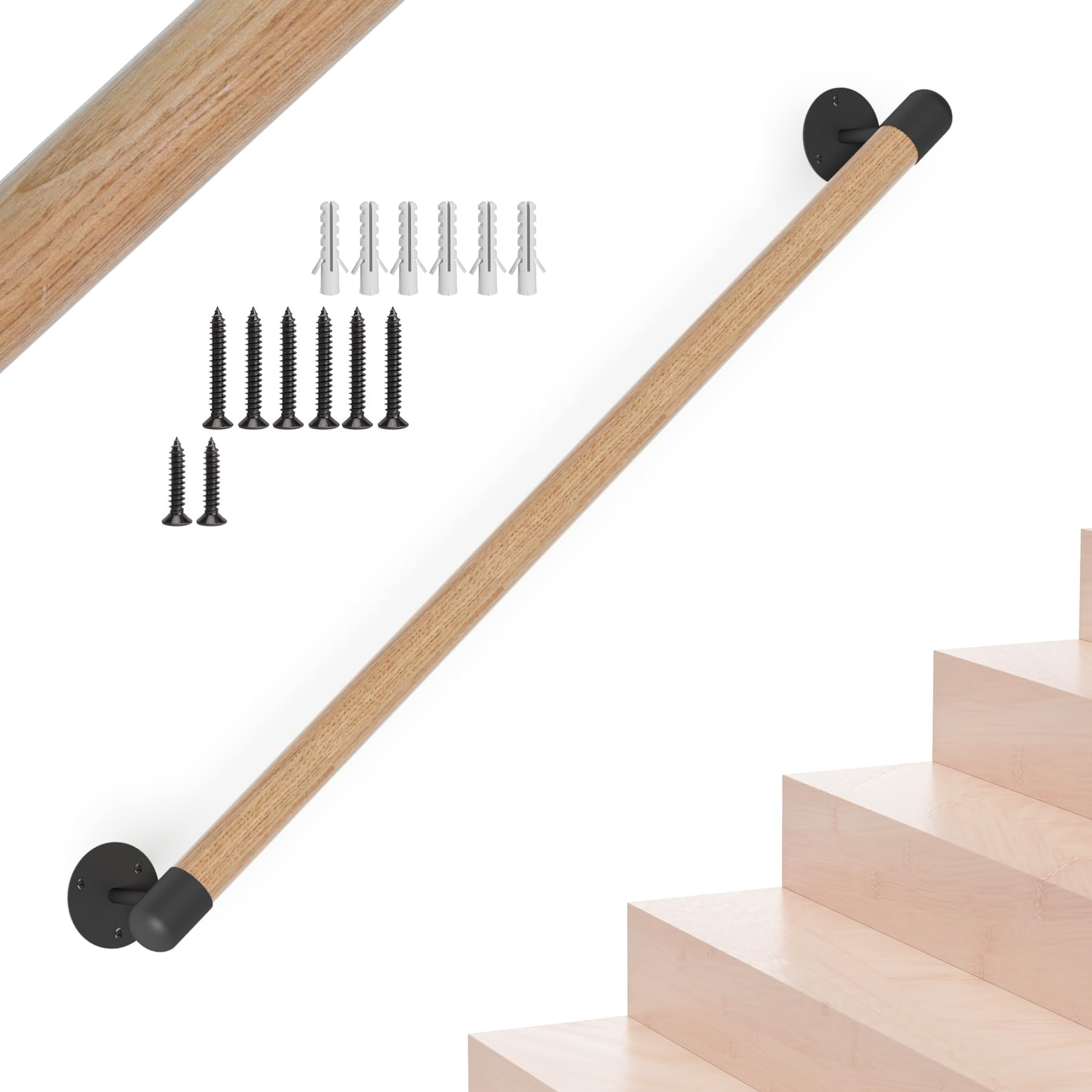 DIYHD 6.6FT Indoor Staircase Handrail,Stainless Steel Bracket Wall Mount Hand Railing,Wooden Yellow PVC Interior Handrail,Diameter 1-7/8