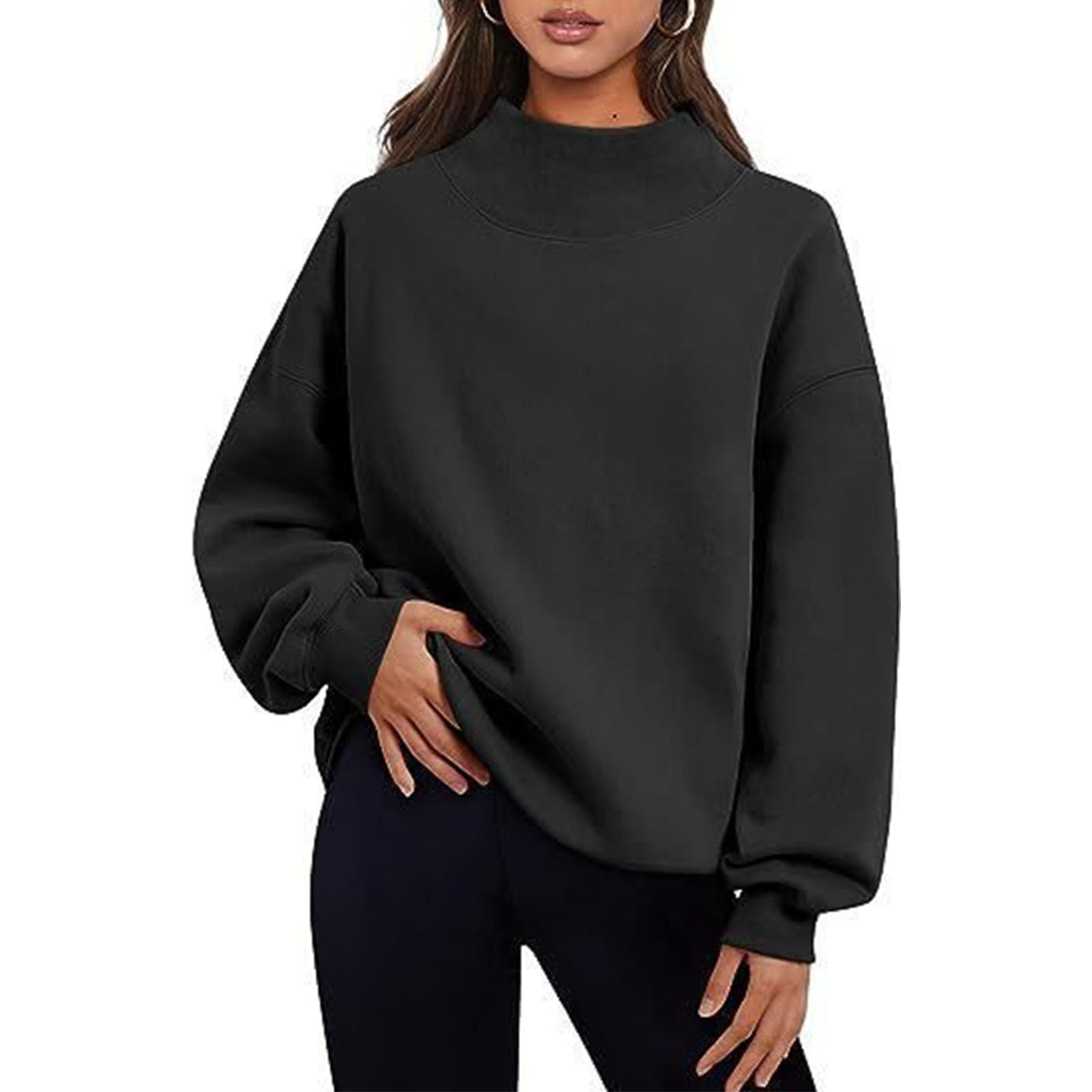 Jesienna bluza damska Oversize i lekka bluza z golfem (czarna, XL)