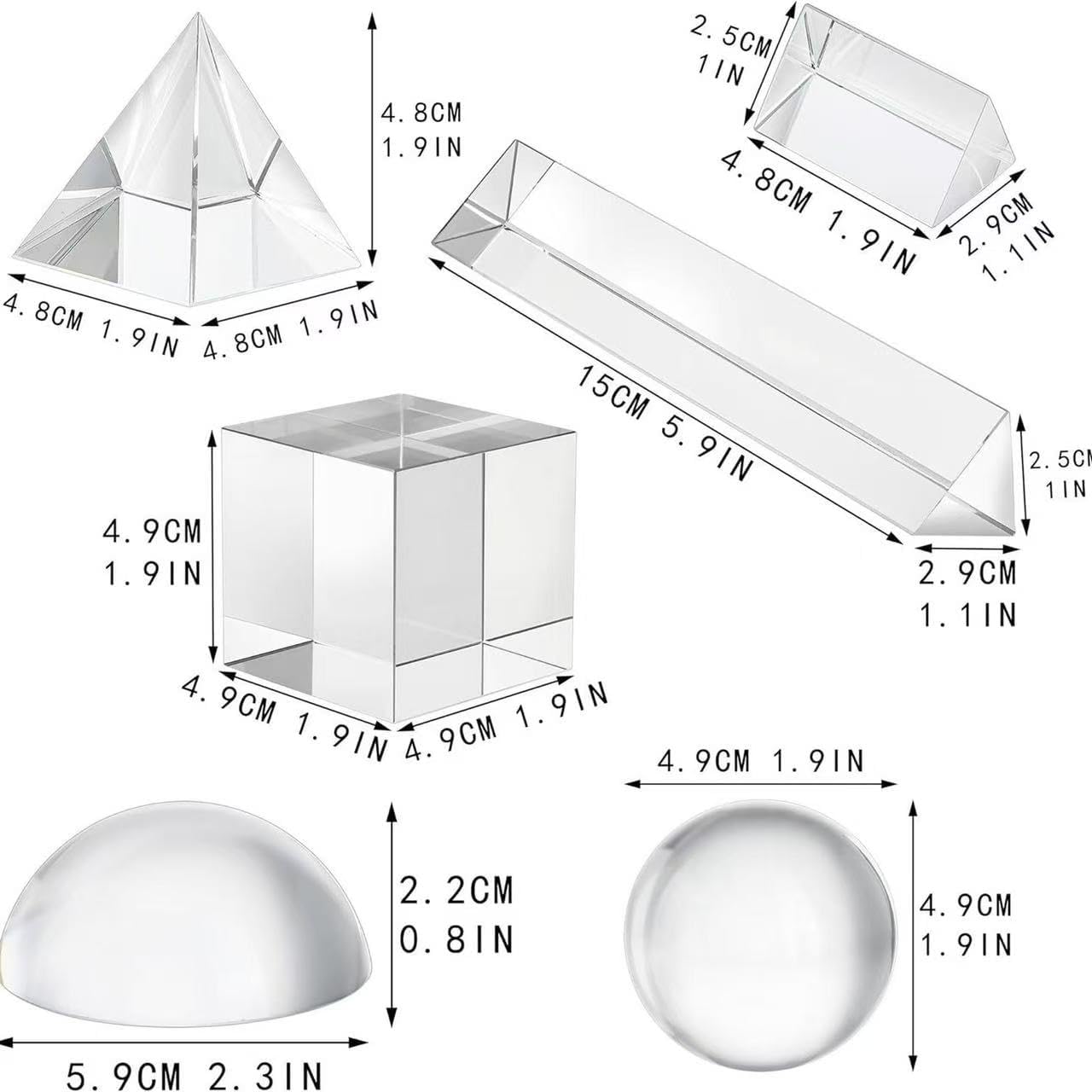 6 Pack K9 Optical Crystal Photography Prism Set, Include 50mm Crystal Ball, Cube,Optical Pyramid, 50mm & 150mm Triangular Prism,60mm Dome Magnifying with Cloth for Teaching, Playing
