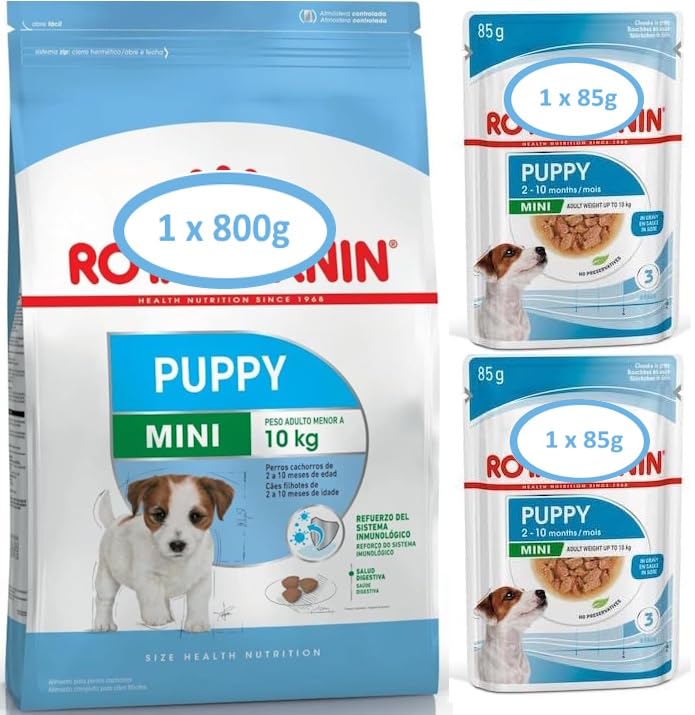 Puppy Mini Dry Food with Wet Pouches, Chicken, Granule, for Puppies Aged 2-10 Months, 800g Dry and 2x85g Pouches