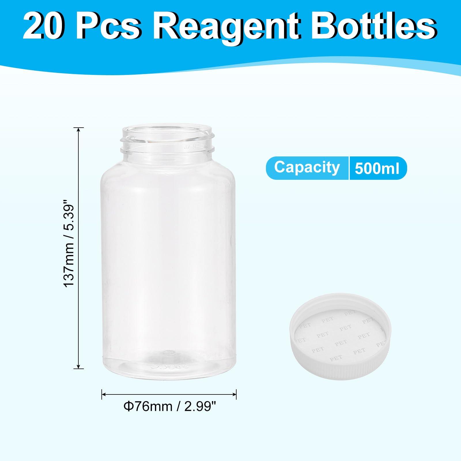PATIKIL 20 Botellas de Reactivo de 500ml Botellas de Boca Ancha de PET con Tapa de Rosca para Almacenamiento de Muestras Líquidas Y Sólidas En Laboratorio Sellado Transparente