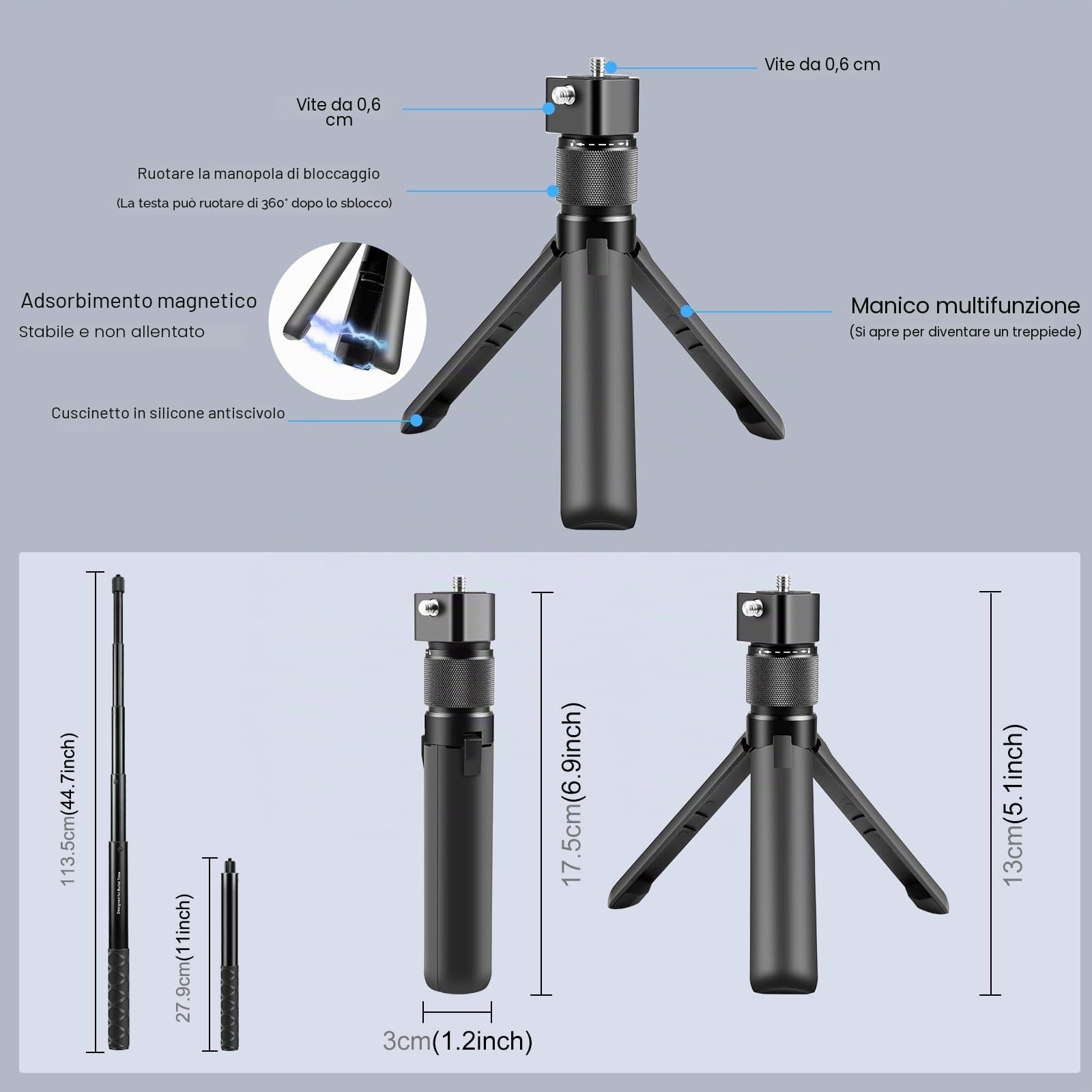 PULUZ Bullet Time Treppiede con Manico e Selfie Stick Invisibile, Impugnatura Girevole a 360°, Estensibile da 116 cm, Filettatura da 1/4", Treppiede Compatto da Tavolo per Insta360 X5/X4, DJI Osmo