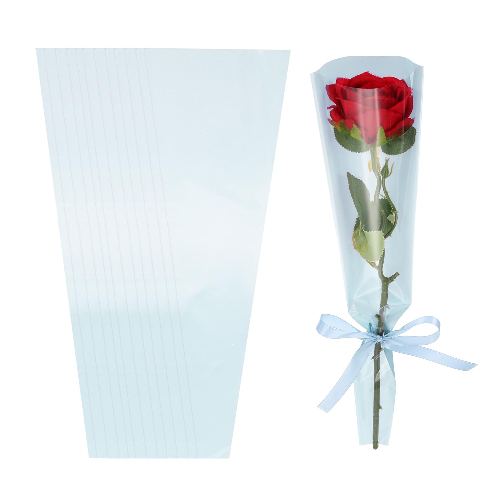 PATIKIL 200 Pack Flower Wrapping Bag, Light Blue Floral Packing Sleeves with Ribbons Cute for Bouquets Wedding Birthday Graduation Anniversary Arrangement Gift, 17.7"x4.7"x1.2"