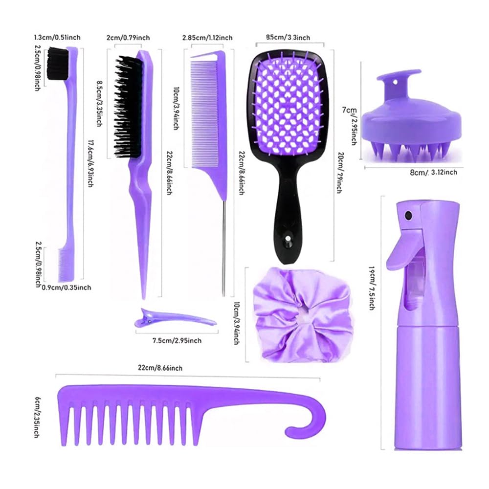 12 Pezzi Set Spazzole Districanti Set Spazzole Districanti per Capelli Ricci Pettine a Denti Larghi Pettine a Coda Flacone Spray e Fermagli per Capelli per la Cura dei Capelli Domestica (Viola)