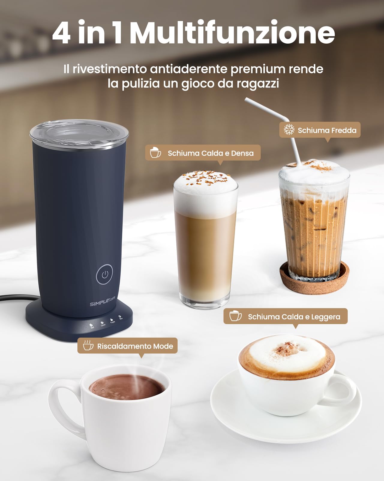 SIMPLETASTE Montalatte Elettrico 4 in 1, Cappuccinatore Elettrico Automatico per Schiuma Calda e Fredda, Scaldalatte per Cappuccino, Latte, Macchiato e Cioccolata Calda