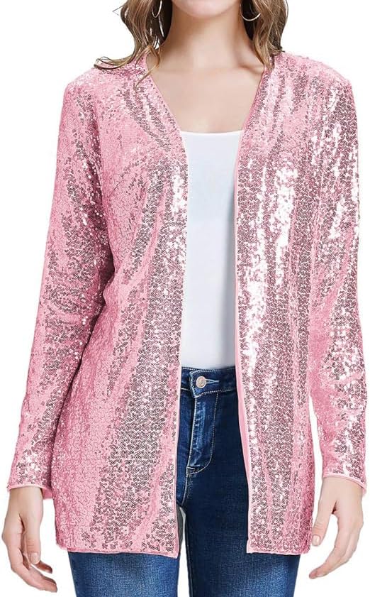 QIXING Women Sequin Sparkle Lightweight Cardigan Casual