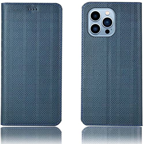 Funda de cuero azul para iPhone 13 Pro Max con acabado estético y tapa de cierre magnético