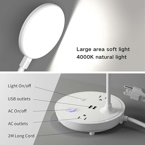 Miniatura 5 de Bodun Lámpara de escritorio LED con 2 puertos de carga USB y 2 tomas de corriente alterna, cuello de cisne ajustable, brillo de 3 niveles, pequeña