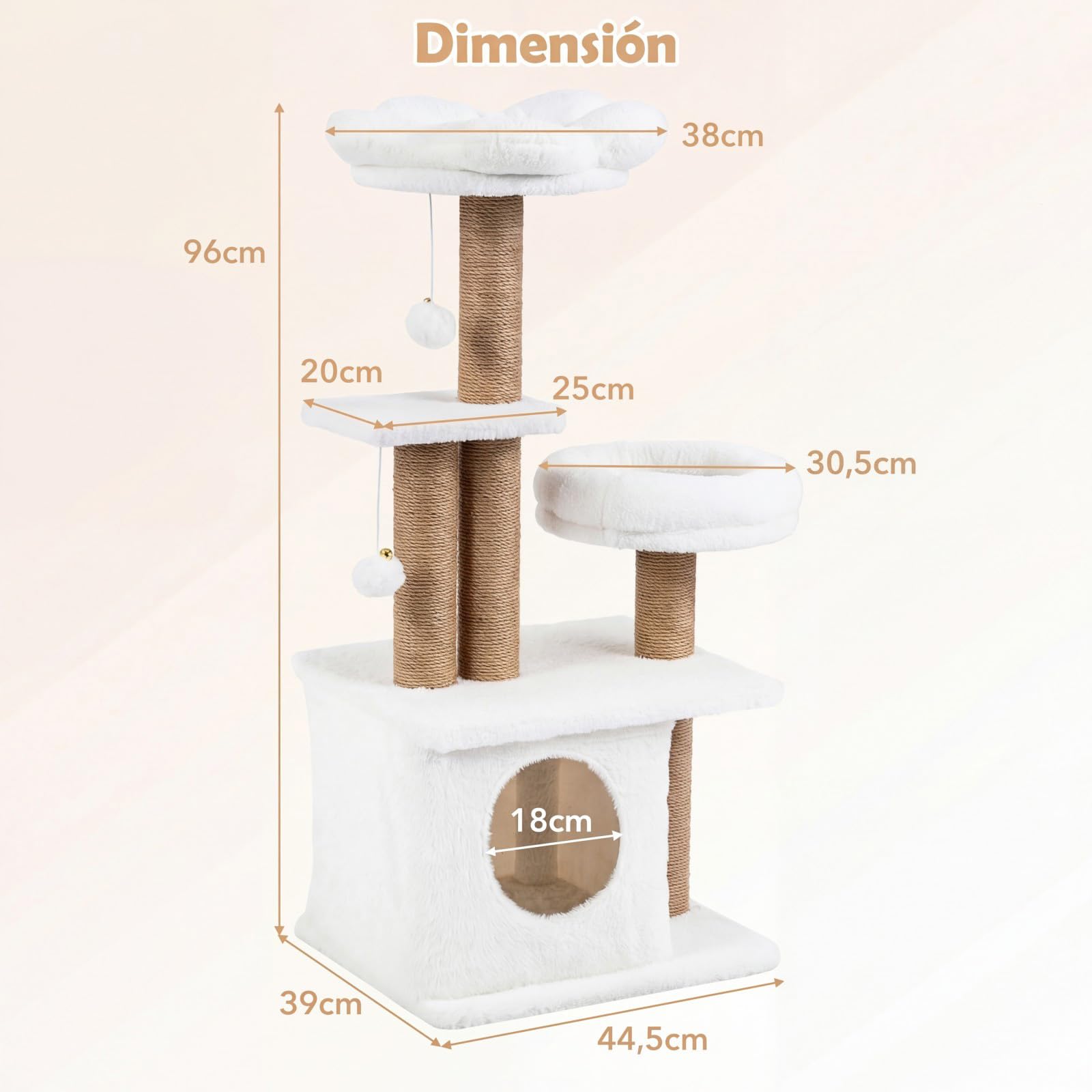 COSTWAY Árbol Rascador para Gatos, Torre para Gatos con Percha Superior Acolchonada en Forma de Flor, Condominio y Cama, 2 Bolas Colgantes con Cascabel y Postes, Mueble Multinivel para Escalar (Beige)