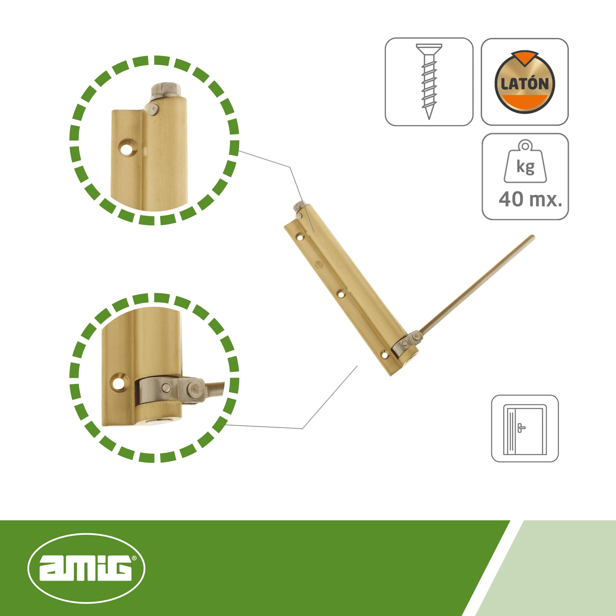 Amig - Butt Mosiężna sprężyna z ramienia ze stali nierdzewnej Mod. 200 | 190 x 180 mm | Regulacja mocy zamykania lekkich drzwi | Maksymalnie 40 kg | Matowe wykończenie