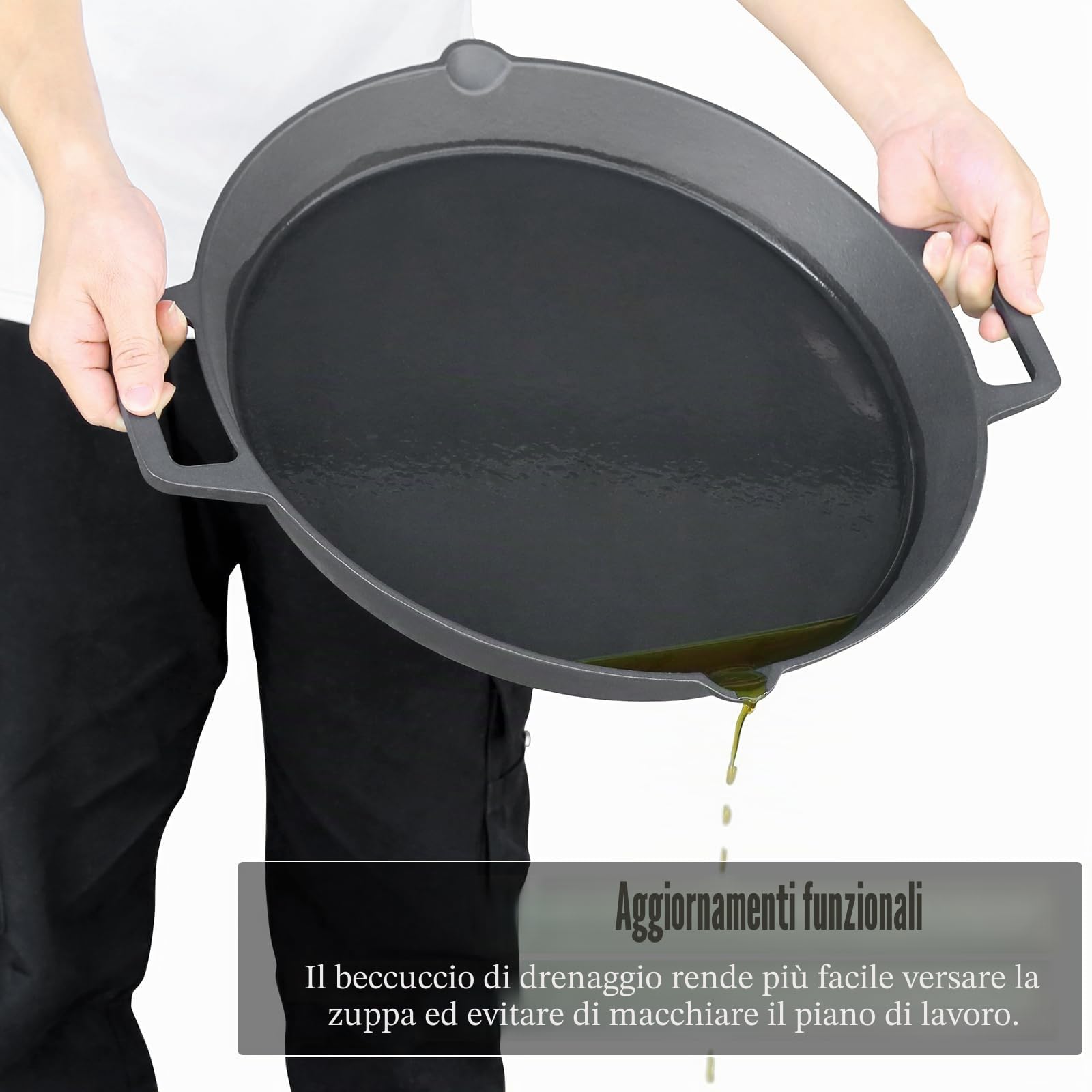 Denmay Padella universale in ghisa, diametro 40 cm, grande, rotonda, con due manici e due beccucci, multifunzionale