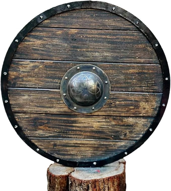 Viking Inspired Round Wooden Shield 24 Inch Wall Decor with Iron Rim and Center Boss (Style - 10)