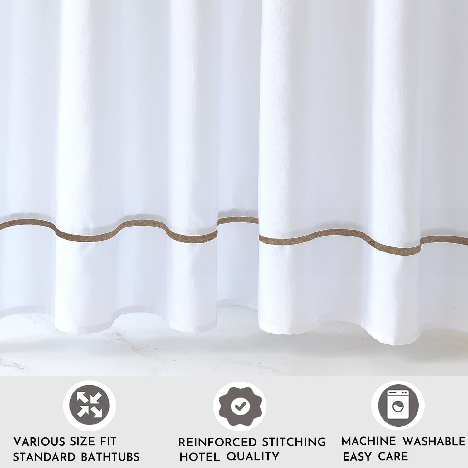 White Shower Curtain with Flax Border, Modern Chic Faux Linen Fabric Shower Curtains for Bathroom and Hotel,72 x 72 Inches