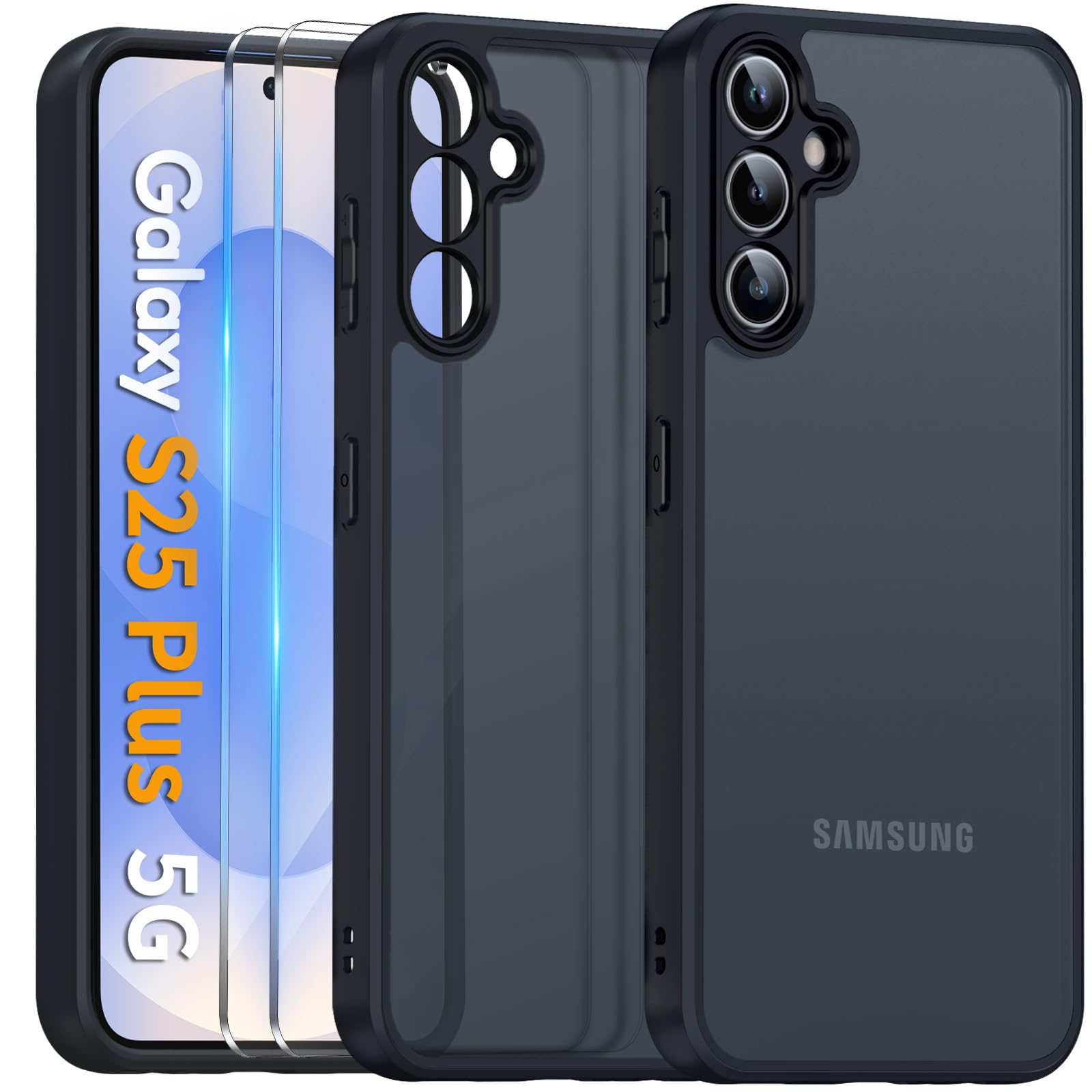 COPIKE Cover Opaca per Samsung Galaxy S25+ Plus e Protezione Fotocamera con 2 Pezzi Vetro Temperato, [Antiurto Grado Militare] Custodia Posteriore Glassata Traslucida Anti-Impronte, Nero