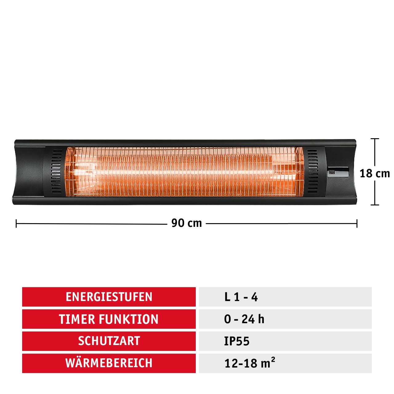 WALTER Professional Infrarot Wandheizstrahler 2000 W, 4 Stufen, Karbon Infrarot-Technologie, Terrassenheizstrahler für Innen- und Außenbereich, Timer Funktion, mit Fernbedienung, inkl Wandhalterung