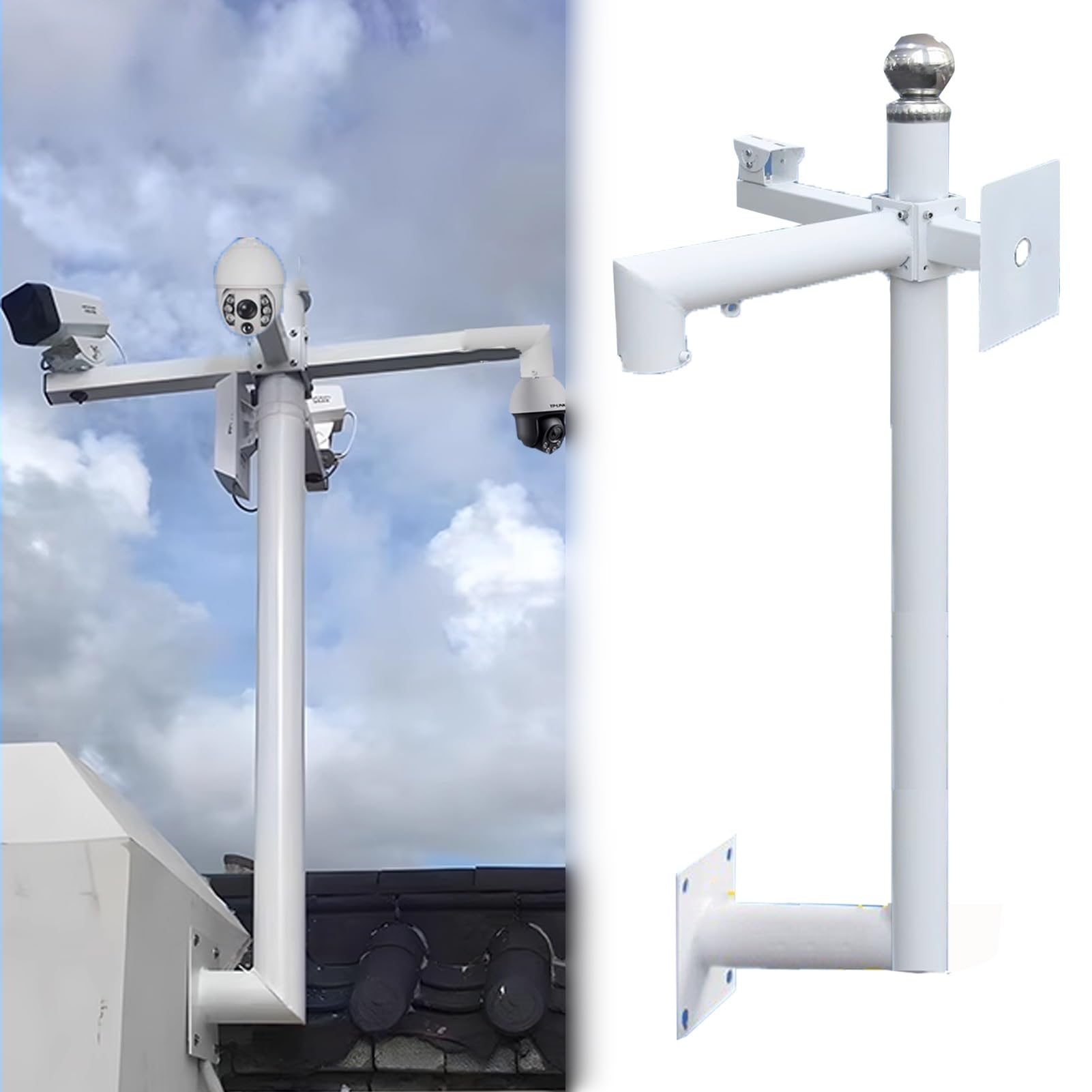 Aioneer Detachable Extendable Security Pole With 3 Mounting Arms For Roof & Outdoor Surveillance, 3-Camera Wide View Monitoring Solution