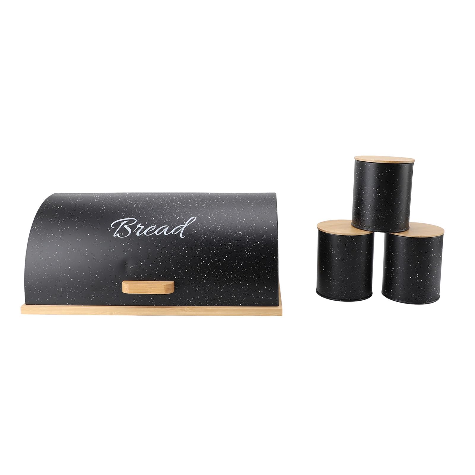 Caja de Pan en Forma de Tambor, Contenedor de Almacenamiento de Pan de Metal y Madera con 3 Tarros de Almacenamiento para Encimera de Cocina (Negra)