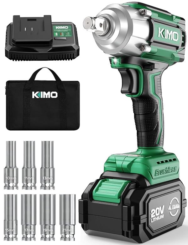 KIMO Cordless Impact Wrench, 1200N.m/900ft-lbs, 4000 RPM, 7Sockets High Torque Brushless Wrench with 3/8" Chuck, 4000mAh Li-ion Battery, Fast Charger, Variable Modes Power Impact Driver for Car Tires by K I M O. - Image 17