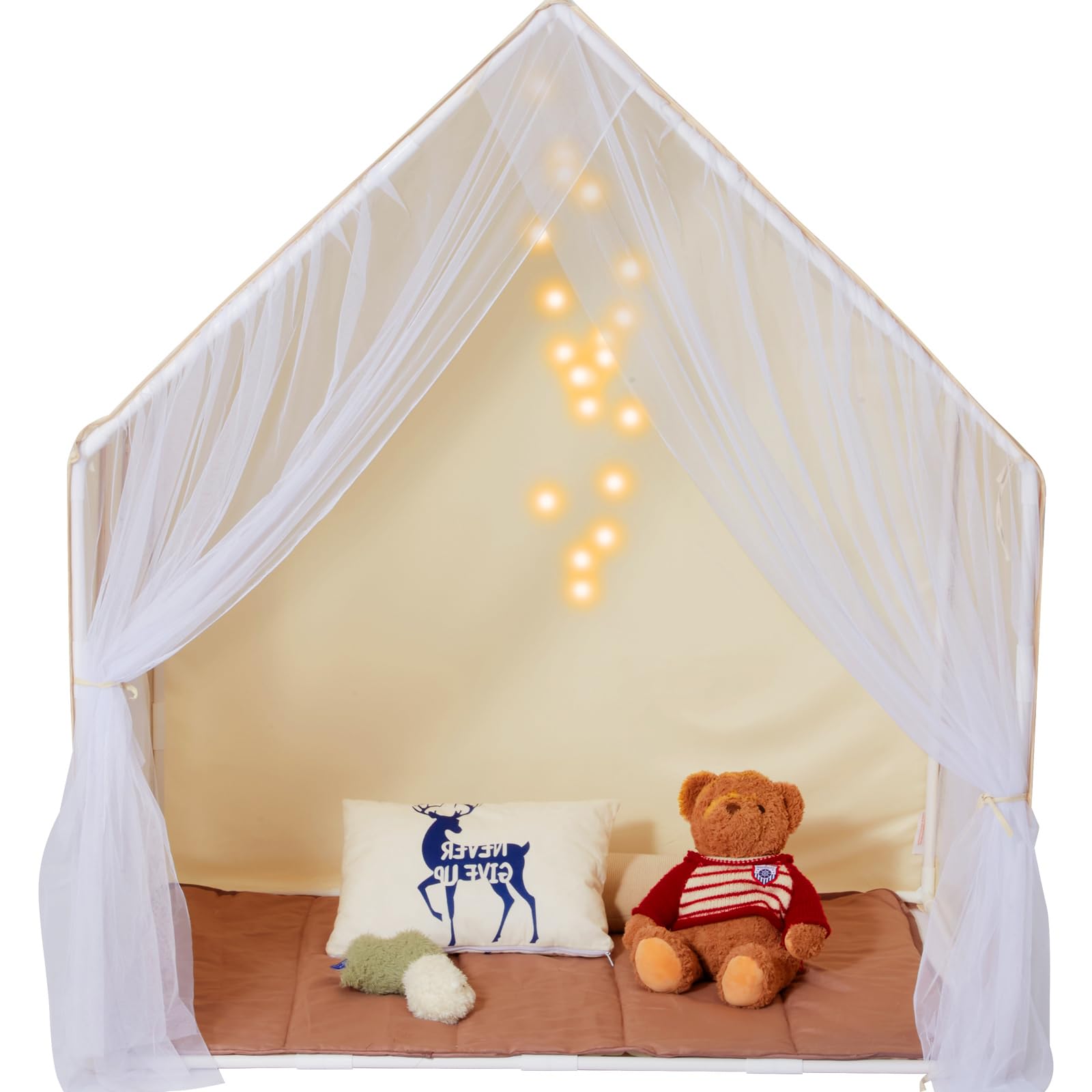 Happybuy Kids Play Tent, Kids Tent for Kids 1-5 Years Old, Toddler Tent with Mat and Tent Lamp, Tent for Kids with Windows for Indoor and Outdoor, Yurt Tent for Boys and Girls, Beige